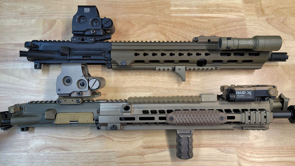Note the differences in the outward profile between an HK 416 A5 upper (top) and MR556A1 upper (bottom) which is built to the 416 A3 spec
